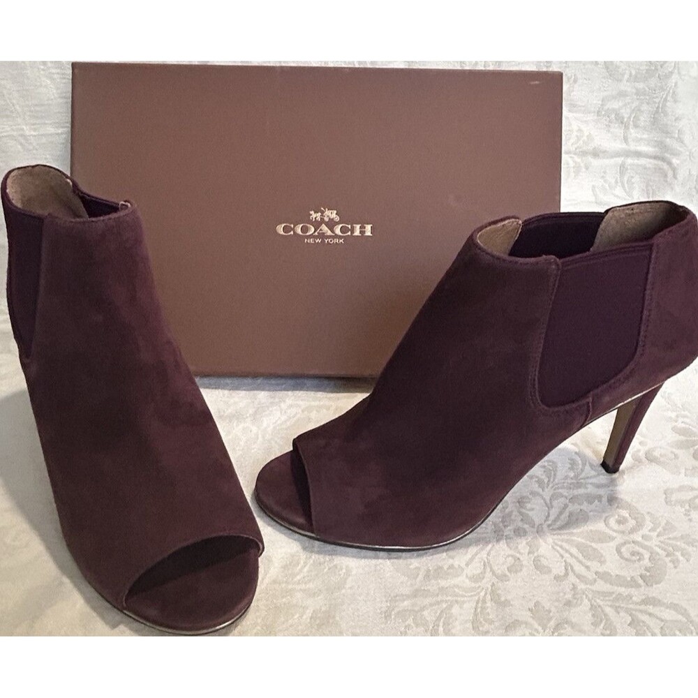COACH Adrianna Suede Peep Toe Booties Burgundy Garnet Chelsea Heels 9.5 M w/box